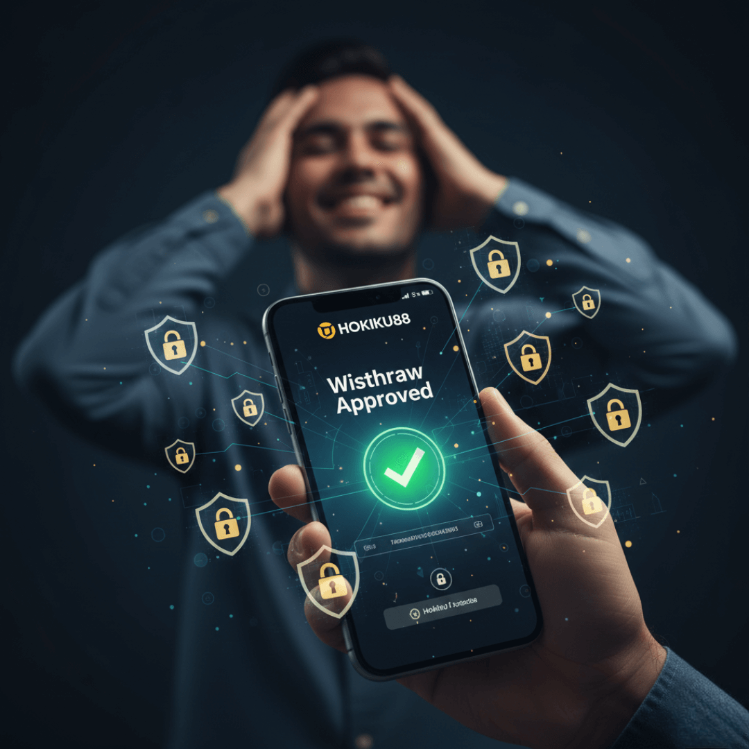 Layar ponsel menampilkan notifikasi 'Withdraw Approved' dari Hokiku88, dikelilingi ikon keamanan digital, melambangkan transaksi yang aman dan berhasil.