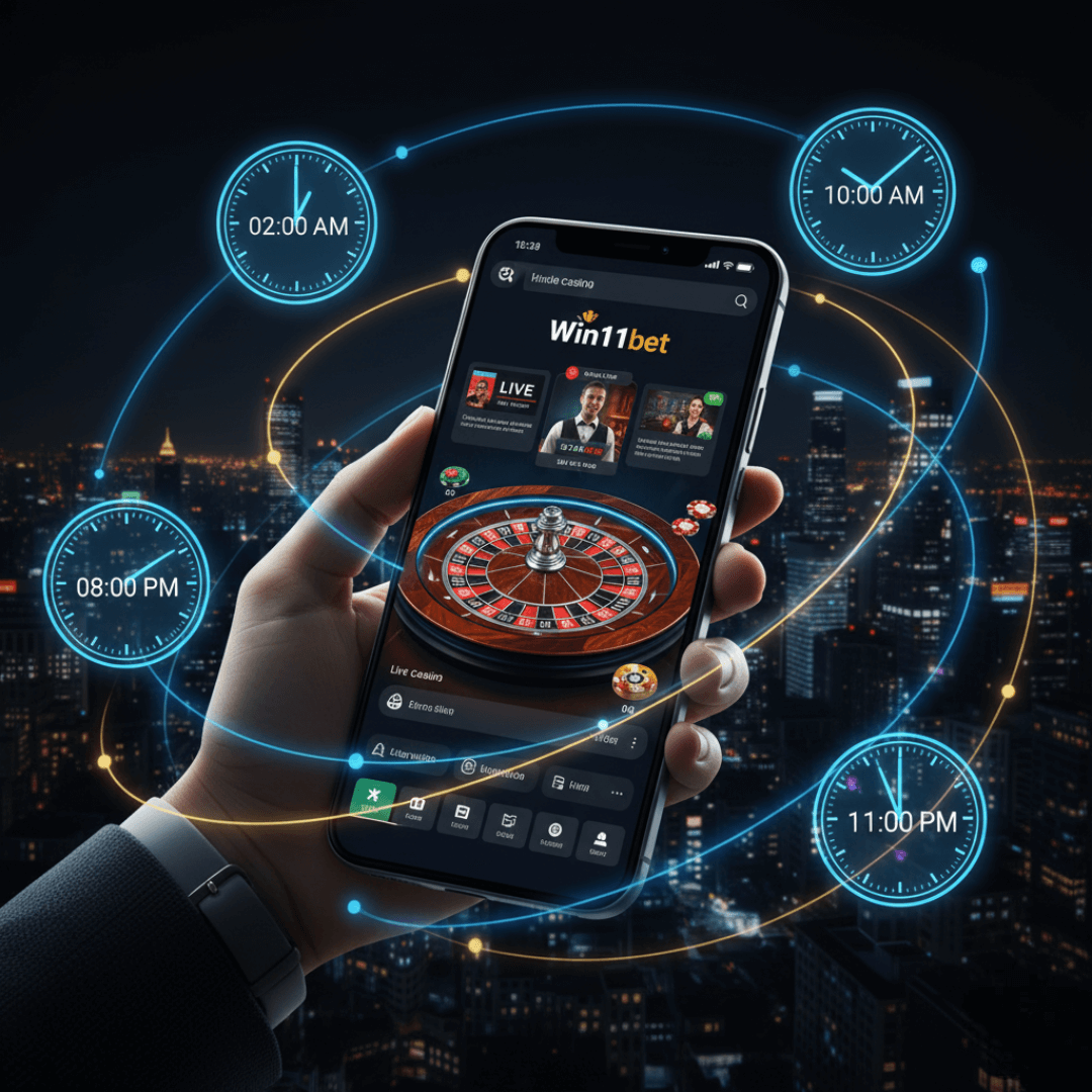 Ilustrasi digital Win11bet menampilkan layanan judi online 24 jam dengan ponsel dan jam dunia.