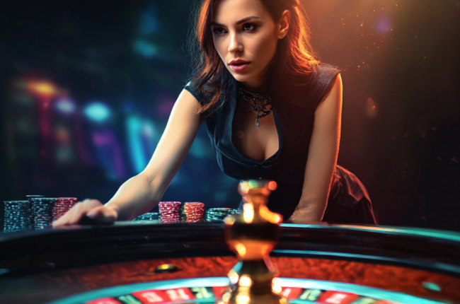 Gamer fokus bermain roulette online di casino Hokijoss dengan dealer virtual, bola roulette, chip taruhan, dan leaderboard global.