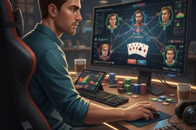 Pemain poker online membaca pola taruhan lawan di meja digital dengan kartu dan chip