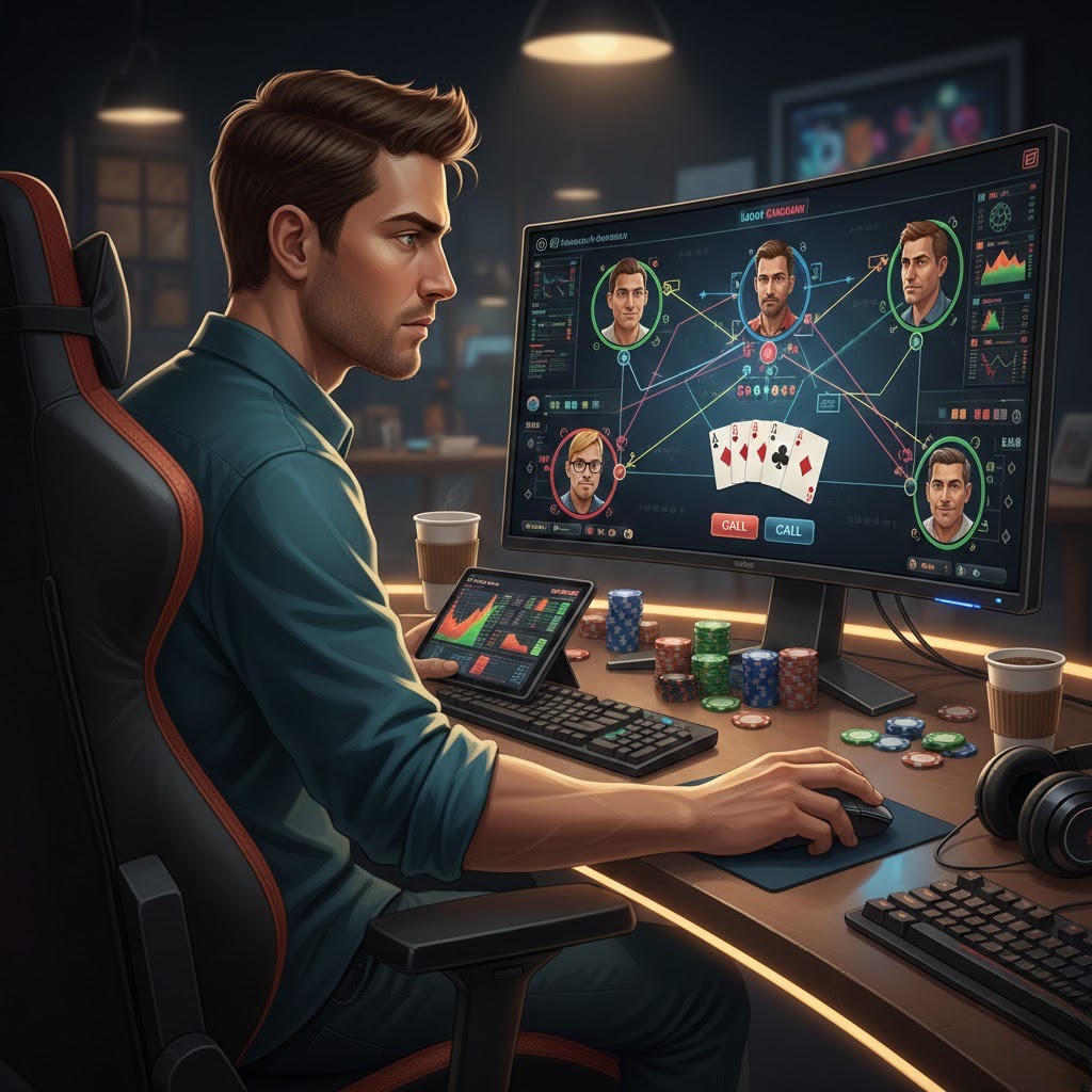 Pemain poker online membaca pola taruhan lawan di meja digital dengan kartu dan chip