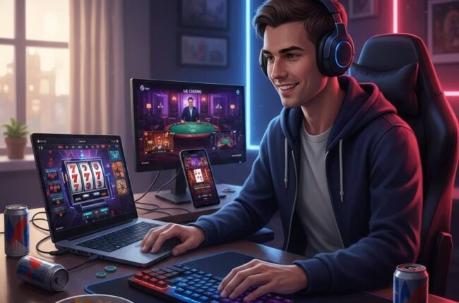 Gamer bermain slot, poker, dan live casino di laptop dan ponsel