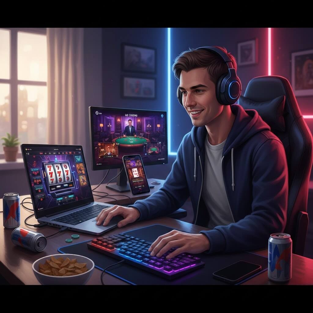 Gamer bermain slot, poker, dan live casino di laptop dan ponsel